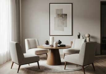 Neutral interior with round table, armchairs and abstract art piece