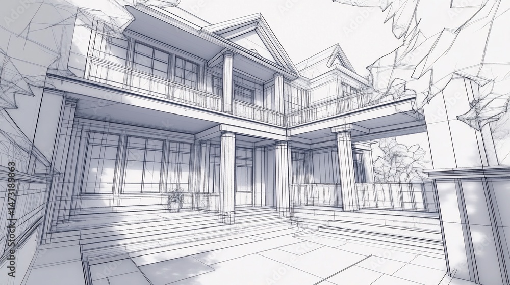 Poster detailed architectural sketch of a multi-story house with columns and a courtyard area