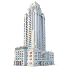 Fototapeta premium Tall, multi-story skyscraper with a modern, geometric design and numerous windows.