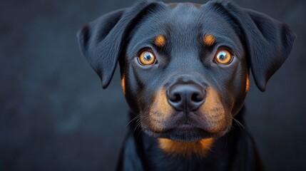 Fototapeta premium Close-up of a black and tan puppy, intense gaze, dark background
