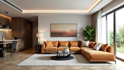 Fototapeta premium Modern living room interior design with stylish furniture and decor , lamp, plant, rug