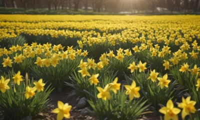 Fototapeta premium Sunlit daffodil field, vibrant yellow blooms, spring countryside, light, fresh, sun