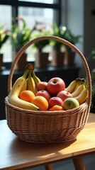 A natural wicker basket full of fresh colorful fruits like bananas, apples, oranges, and mangoes placed on a wooden table with soft indoor light and blurred green plants

