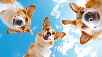 Three corgi fluffy dogs puppies look down at camera against blue sky clouds fashion fun happy relaxing background. shot wide angle lens photography sunny outdoor pet companion wallpaper
