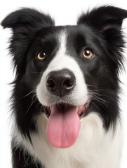 Fototapeta premium Happy border collie dog portrait, close-up view of a smiling black and white dog with tongue out, isolated on white background. : Generative AI