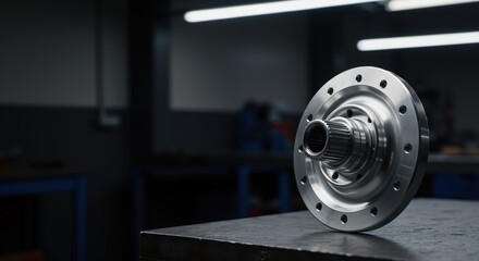 Metallic automotive hub on workbench in industrial workshop  