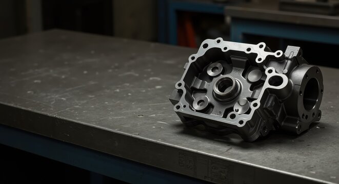 Engine cylinder head on a workbench in a workshop - Powered by Adobe