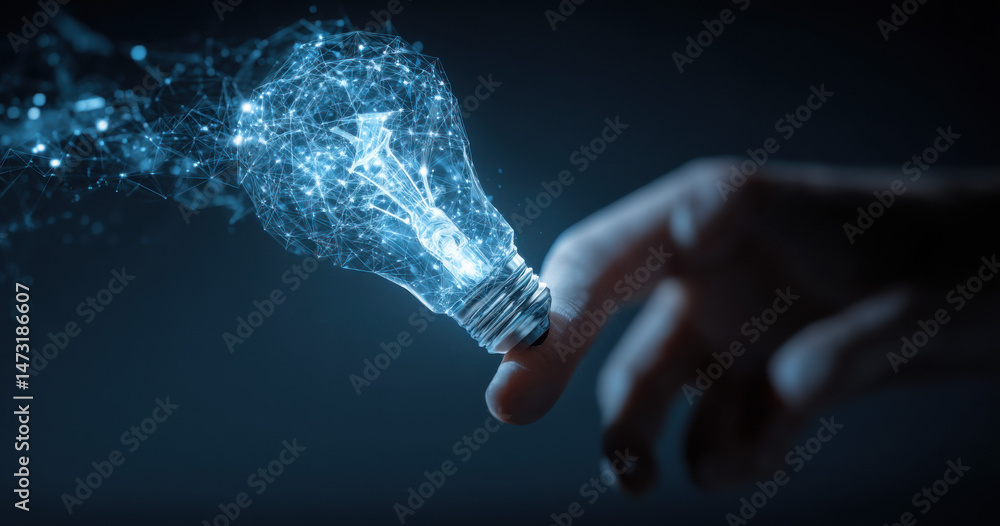 Aufkleber a hand gently holds a glowing, digital lightbulb; its intricate network of connections symbolizes in