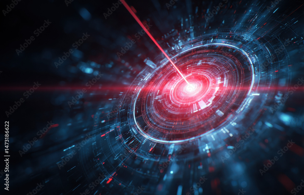 Aufkleber Abstract digital interface with red laser beam targeting central core, futuristic technology concept, glowing circular HUD display, vibrant red and blue hues. : Generative AI