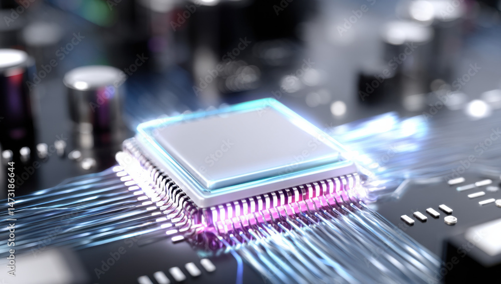 Poster Close-up view of a modern microprocessor chip, showcasing its intricate circuitry and glowing data streams.  The central processing unit is highlighted, emphasizing technological advan : Generative AI