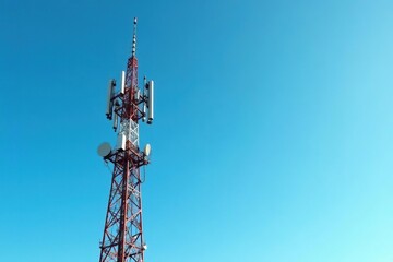 Tall antenna tower against a clear blue sky, broadcasting signals , structure, mobile, television