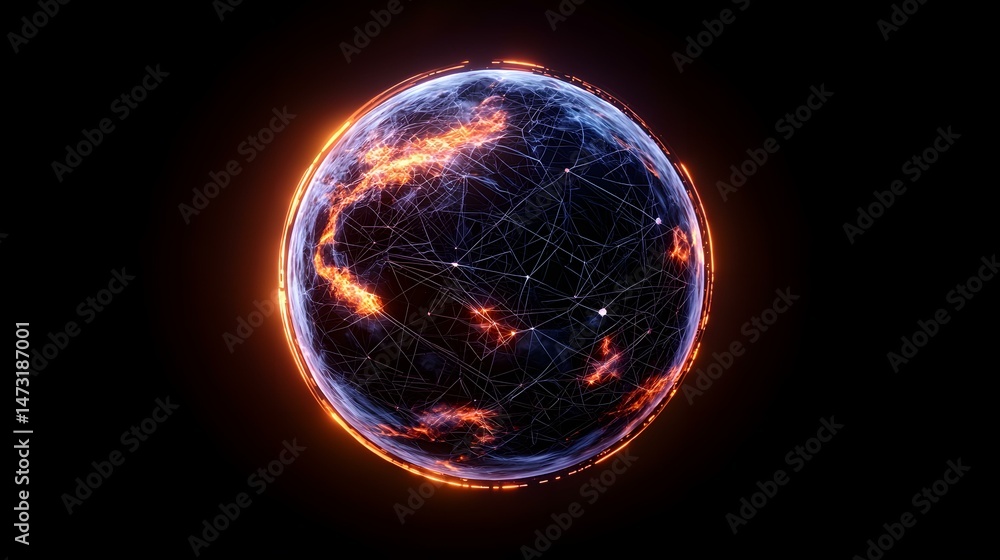 Poster the image shows a stylized representation of earth, depicted as a sphere with a network of glowing l