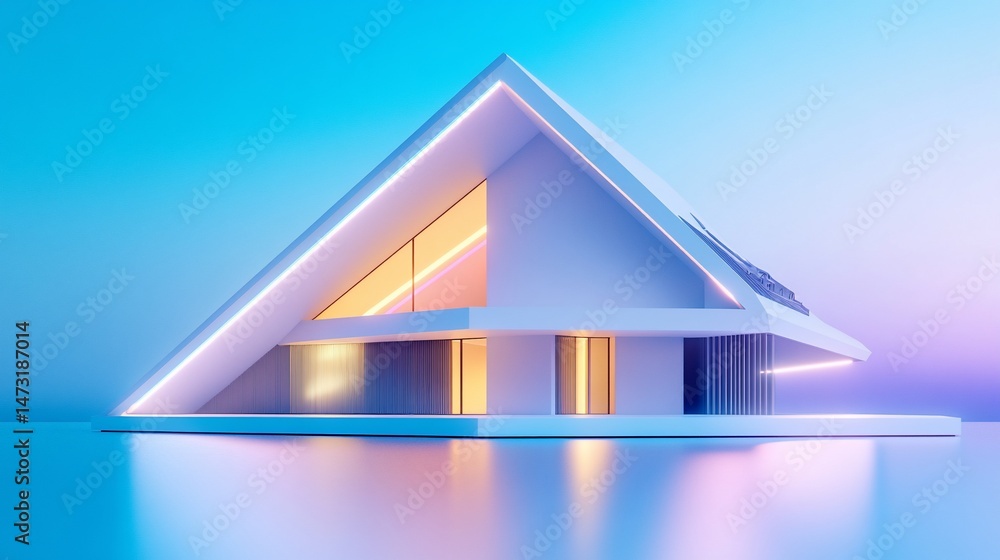 Poster modern triangular house with futuristic neon lighting and reflective surface on colorful background