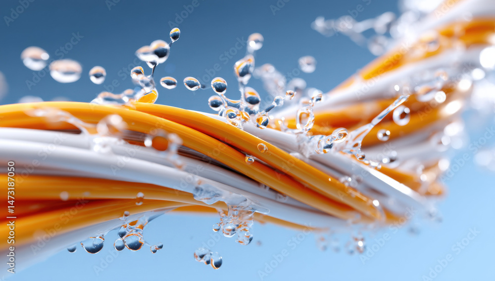 Aufkleber Abstract image of vibrant orange and white cables submerged in water, showcasing dynamic water droplets splashing and reflecting light, creating a sense of energy and fluidity. : Generative AI