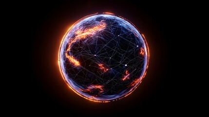 The image shows a stylized representation of Earth, depicted as a sphere with a network of glowing lines and points overlayed on it, encircled by a fiery orange ring.A medium description sentence: A