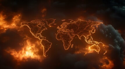 A fiery orange, glowing wireframe world map is set against a backdrop of dark, swirling clouds, suggesting global interconnectedness amidst a turbulent environment.