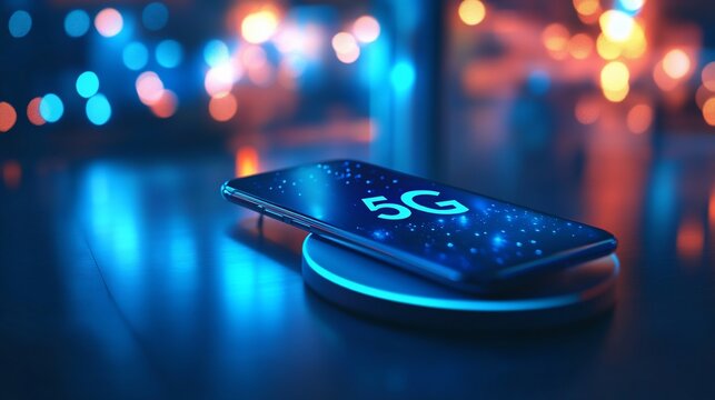 Smartphone on wireless charger, illuminated with 5G network display in a vibrant city night scene
