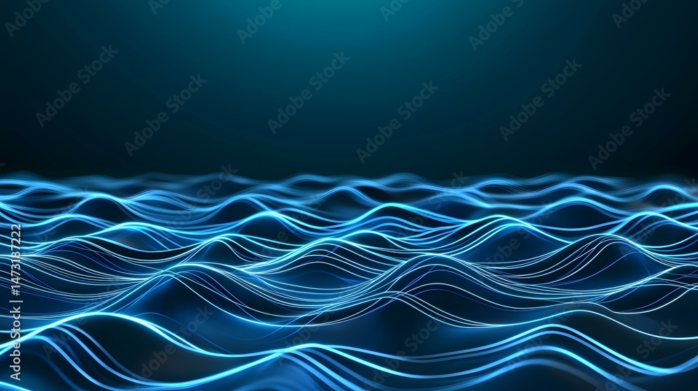 Poster the image shows an abstract rendering of glowing blue lines forming undulating waves against a dark 