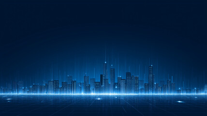 abstract blue technology background with city skyline