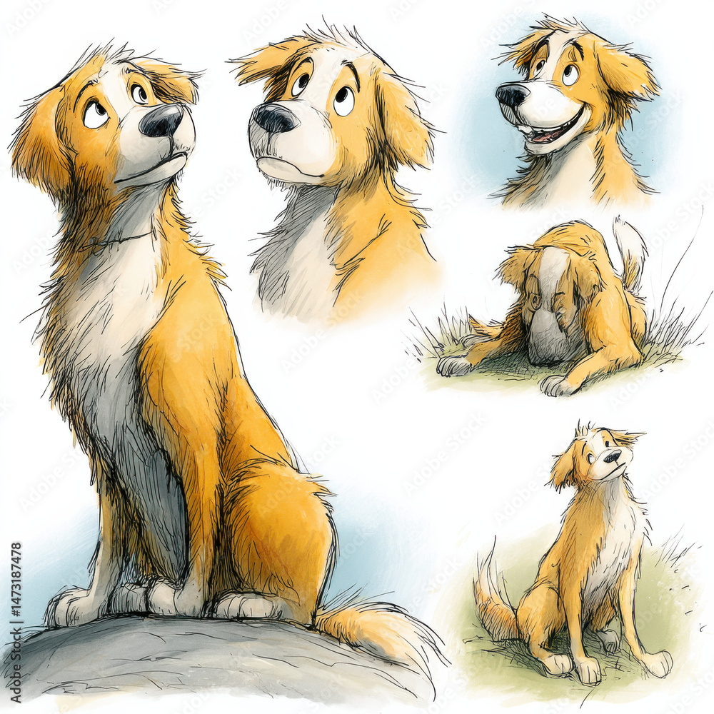 Poster charming illustrations of a golden retriever puppy in various poses, showcasing its playful and curi