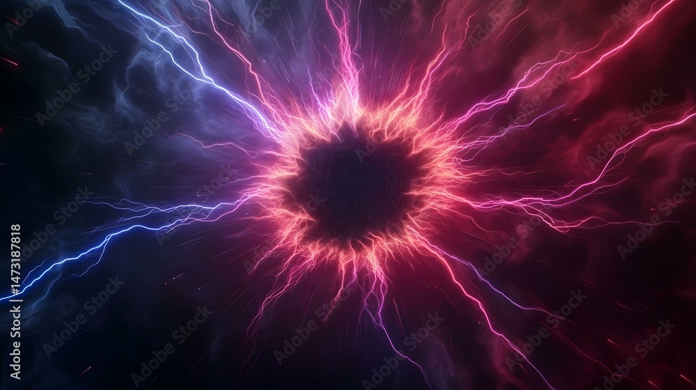 Poster the image shows a dark, abstract background with a central, circular void surrounded by vibrant pink