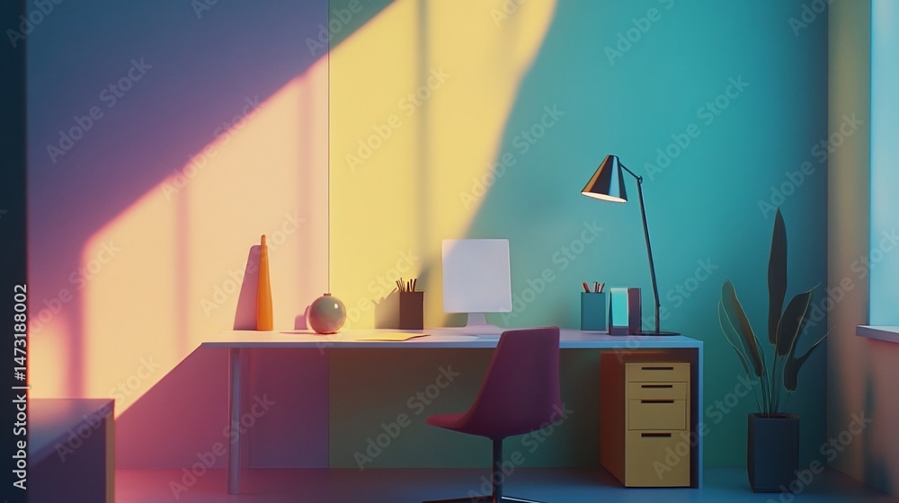 Poster minimalist office setup with gradient light, showcasing a modern workplace design