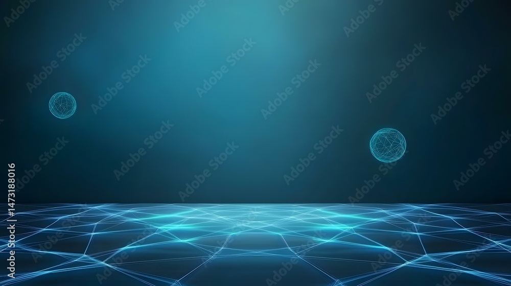 Poster the image contains two glowing, wireframe spheres hovering above a dark blue, undulating surface of 
