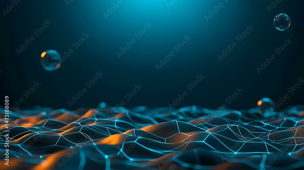 Aufkleber the image contains a dark blue background with an undulating, low-polygonal surface glowing with ora