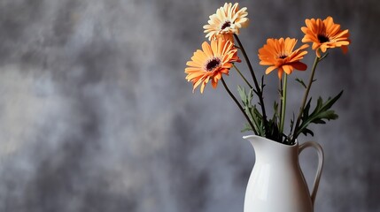 White ceramic vase filled fresh orange flowers placed front of muted gray backdrop studio lit composition minimalism natural beauty combined one elegant shot 