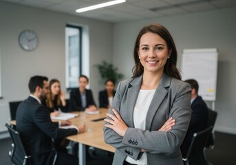 Fototapeta premium Smiling businesswoman with team in conference room, arms crossed