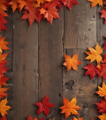 Obraz premium Vibrant red and orange maple leaves scattered on rustic wood , autumnal, yellow, texture