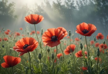 Fototapeta premium Sunlit red poppies emerge from ethereal morning mist, dew-kissed petals , wildflowers, scenic