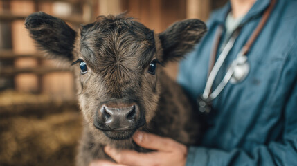Fototapeta premium Adorable Highland Calf Gently Held by Veterinarian, Close-Up Portrait in Barn Setting : Generative AI