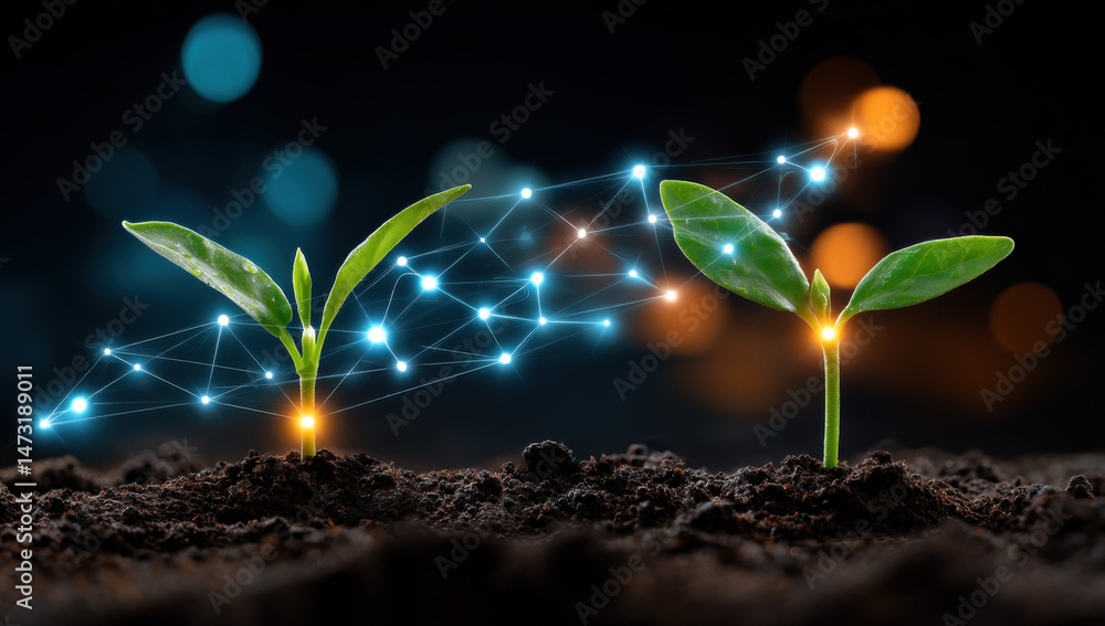 Poster two young plants sprout from rich soil, connected by a glowing network of light, symbolizing growth,