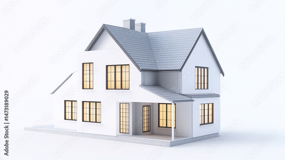 Poster 3d rendering of a modern white two story house with multiple windows and a gray roof