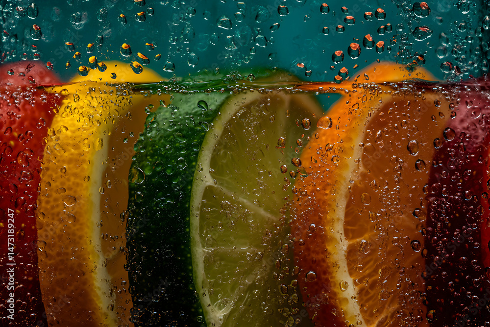 Poster vibrant citrus slices submerged in sparkling water, captured through a glass with water droplets cli