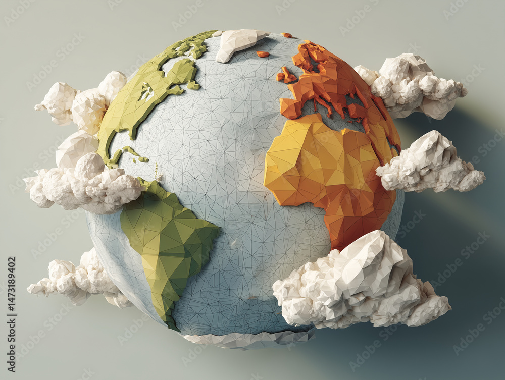 Poster low poly globe with colorful continents and clouds, showcasing creative representation of earth. des