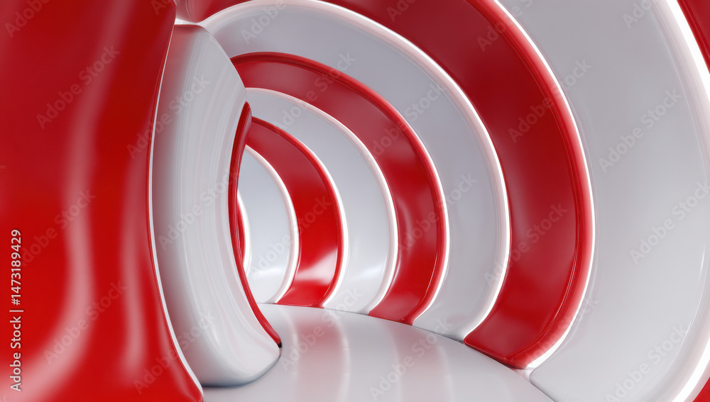 Poster Abstract red and white curved tunnel, futuristic architecture, 3d rendering of a modern interior design with glossy surfaces and smooth lines, creating a sense of depth and movement. : Generative AI