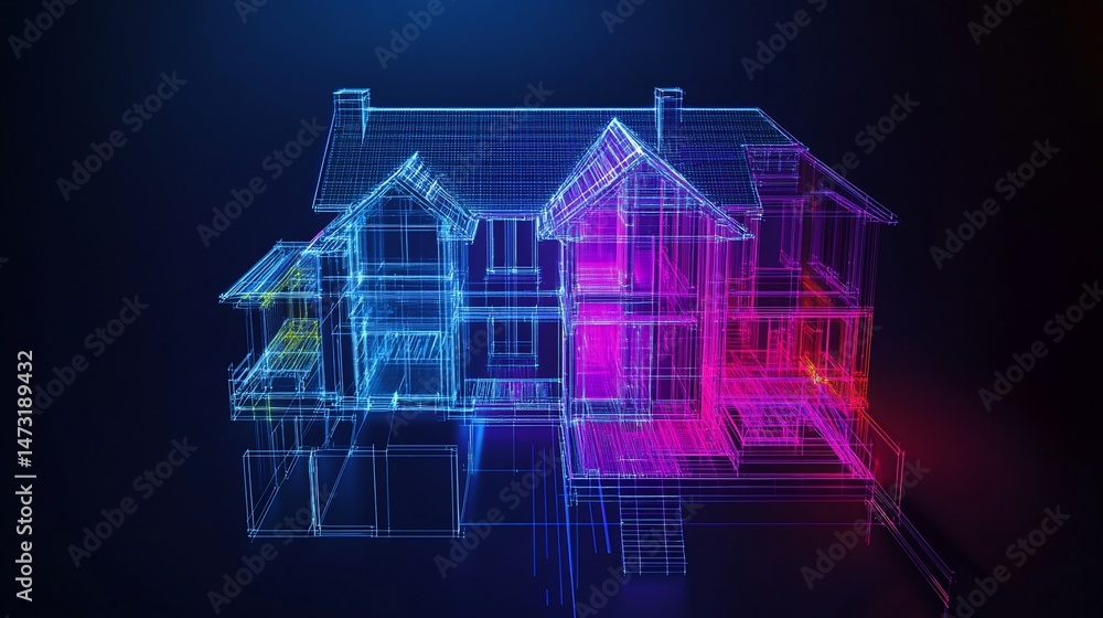 Poster digital blueprint of a house structure design with vibrant neon lines on dark background