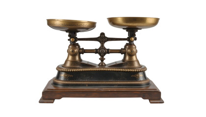 1800s American General Store Scale with Brass and Cast Iron Construction, Aged Wood Base and Patina, Isolated on White