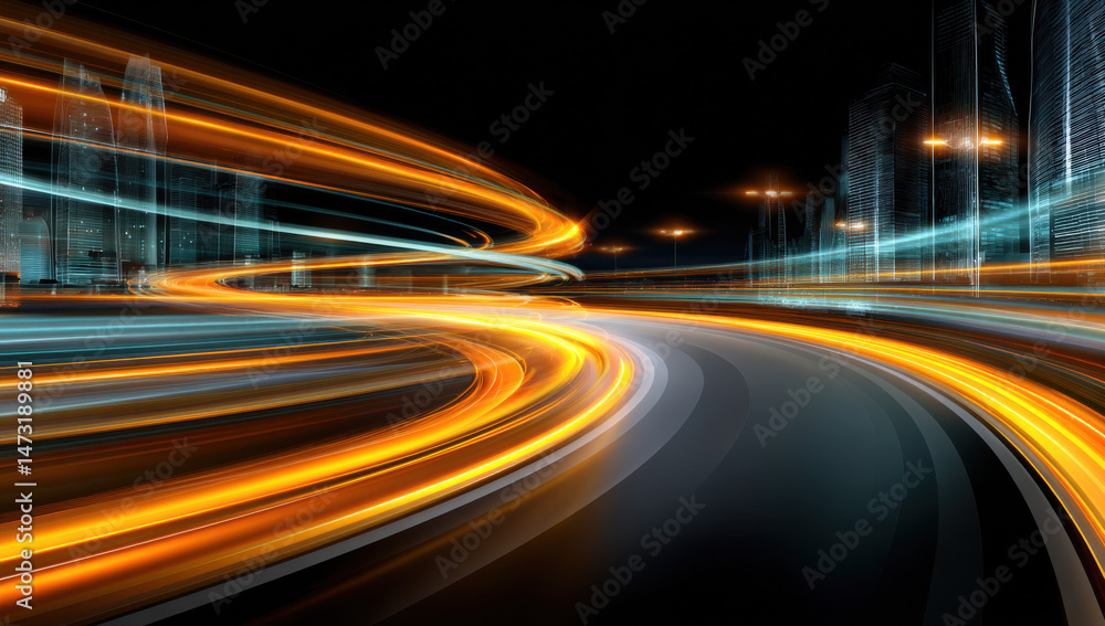 Poster dynamic city highway at night, illuminated by fast-moving vehicle light trails creating vibrant oran