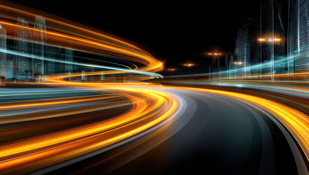 Dynamic city highway at night, illuminated by fast-moving vehicle light trails creating vibrant orange and blue streaks against a backdrop of modern skyscrapers. : Generative AI