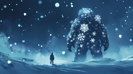 Obraz premium Hand-drawn snowflakes silhouette on a dark blue winter sky, frosty, snowflake. [Frozen Monoliths] | Frostshadow Colossus | cold silhouette. Illustration
