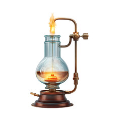 Vintage glass science laboratory equipment burning flame experiment 3d on transparent background