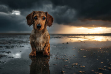A small brown dachshund dog sits patiently in a puddle of water on a dark, muddy beach at sunset, under a dramatic stormy sky. : Generative AI