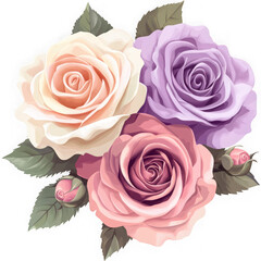 Fototapeta premium Watercolor illustration of three roses in different colors with buds and green leaves art piece
