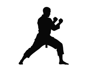 Obraz premium Martial artist silhouette. This image shows a black silhouette of a martial artist in action, highlighting technique, strength, and combat skills. Vector clipart illustration design.