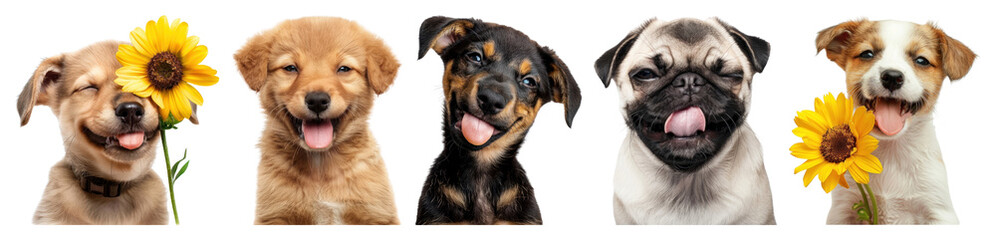 Obraz premium PNG Adorable puppies with sunflowers, element set on transparent background