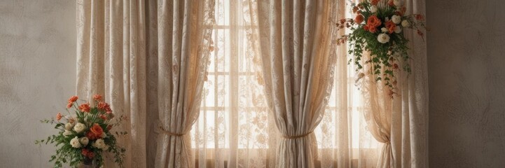 Rustic lace curtains & faux floral arrangement, eclectic wall decor concept , pastel, white, farmhouse