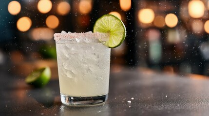 Refreshing cocktail garnished with lime slice and salt.